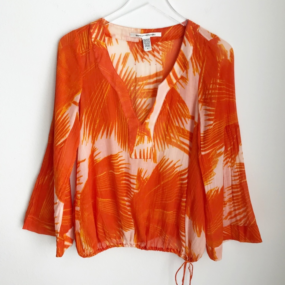 Diane Von Furstenberg Cotton Silk Tropical Print Blouse Top S Flared Sleeves